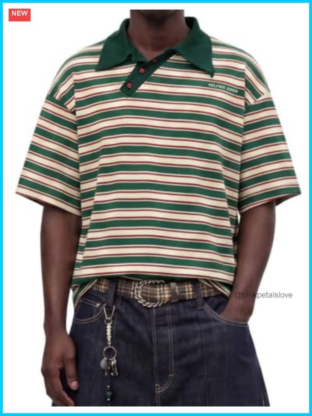 Oversized Striped Polo Shirt Cotton Blend Short Sleeve Collar